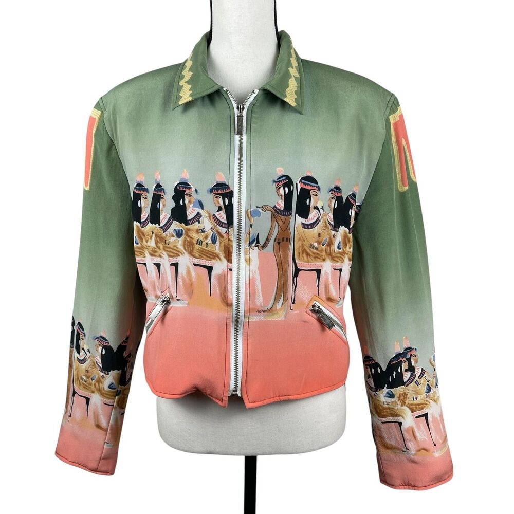 Fortune 88 Phillip Prince Silk Jacket Women’s Large Egyptian Art Print Zip Front